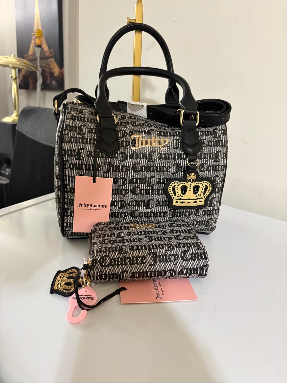 Juicy Couture Black & Gray Logo Satchel with Gold Accents and Pink Tags